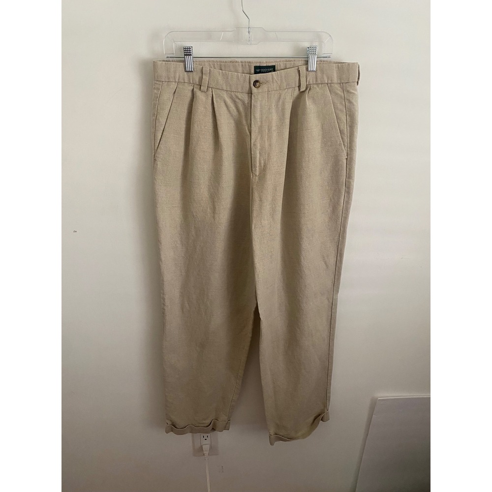 Dockers Premium Mens 34x30 Linen Cotton Blend Pleated Relaxed Fit Pants Khaki